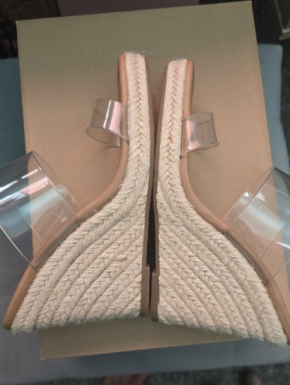 Steve Madden Clear Strap Tan Espadrille Wedge Sandals - Picture 6 of 8